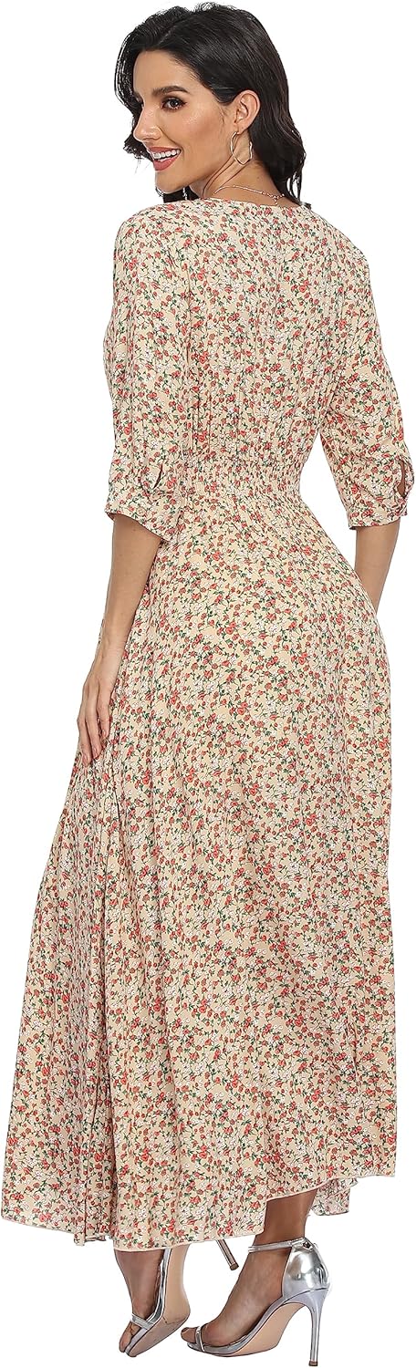 Damen Lange Split Knopf Up Sommer Maxikleid Floral Strandwear Holidy Kleid Hohe Taille mit kurzen Är