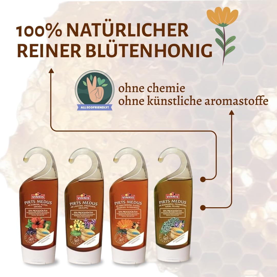 Sauna Honig Sortenmix – 4er Set (Lavendel, Hibiskus, Sanddorn, Rosmarin) – 100% natürlich – Honigcre