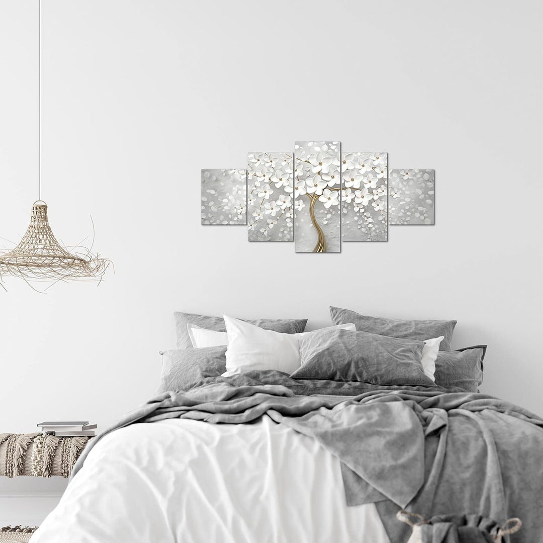 Runa Art Wandbilder Blumen 5 Teilig Bild auf Vlies Leinwand Deko Wohnzimmer Abstrakt Baum Weiss Gold