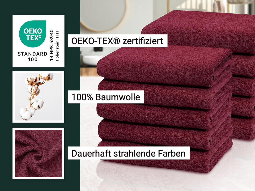 ZOLLNER 10er Set Handtücher, kleine Duschtücher, 50x100 cm, Baumwolle, Bordeaux 10x Handtücher Rot,