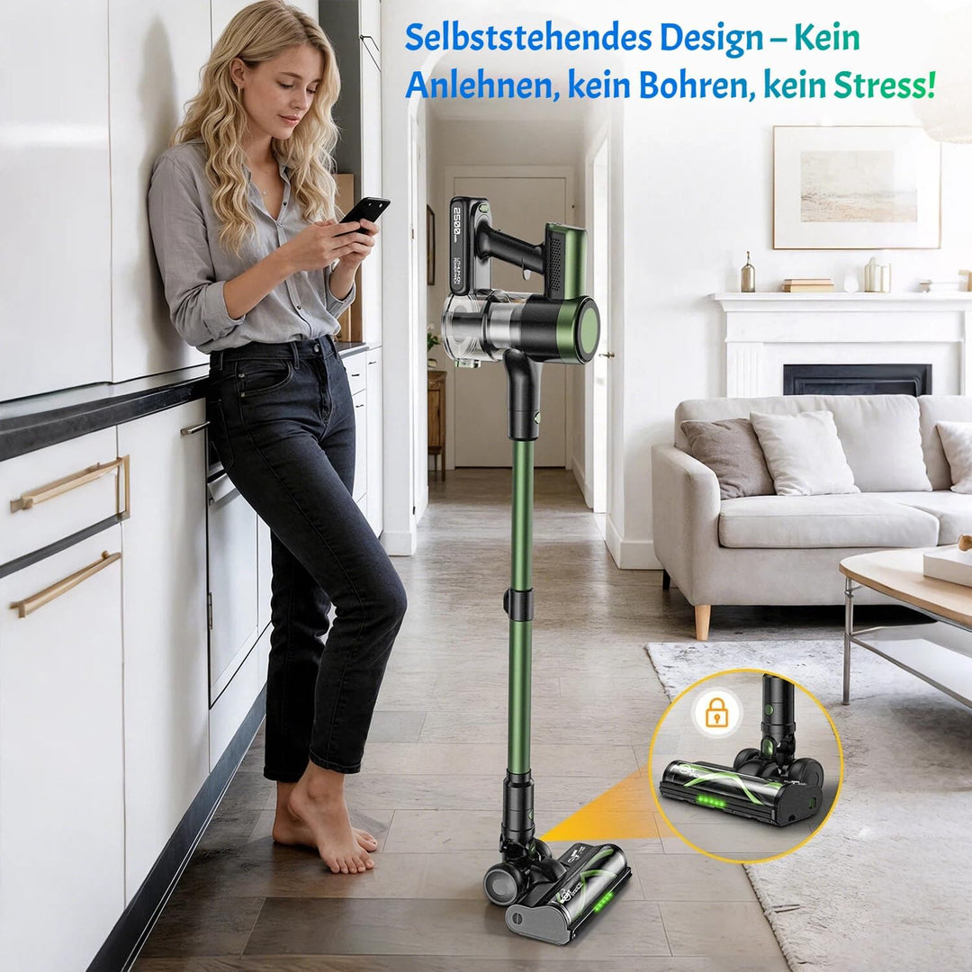 Akku Staubsauger 50KPa/500W/55Mins, Staubsauger Kabellos mit Wandmontierte Ladestation, Selbststehen