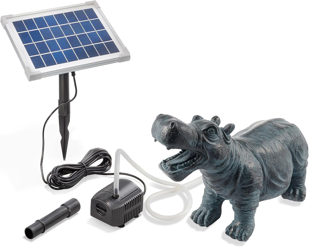 Solarbetriebener Wasserspeier Nilpferd - inkl. Solar Teichpumpe 5 Watt 250 l/h - Masse ca. 265 x 120