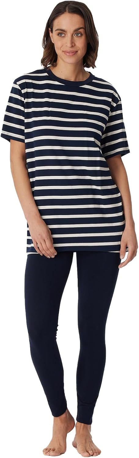 Schiesser Damen Schlafanzug kurzarm und lange Hose Baumwolle - Essential Pyjamaset, Dunkelblau