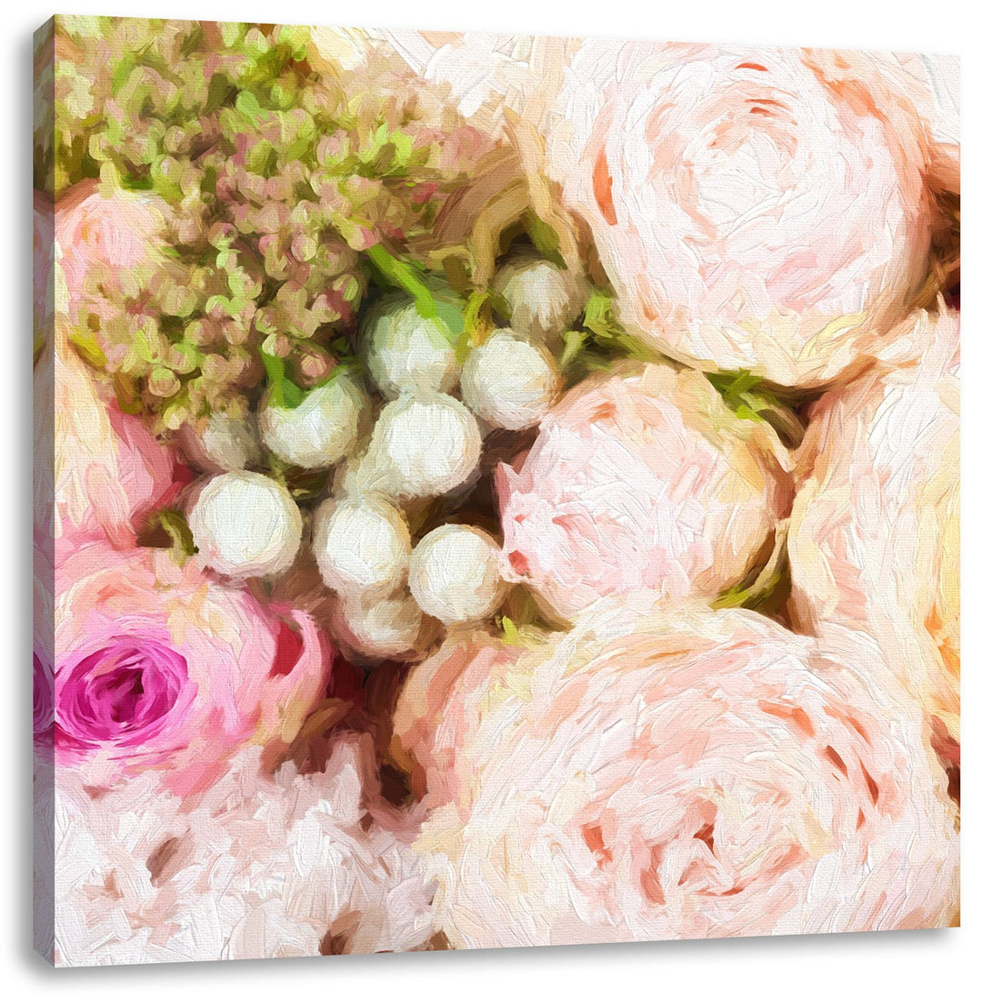 Rosa Rosen Pinsel Effekt, Format: 70x70 auf Leinwand, XXL riesige Bilder fertig gerahmt mit Keilrahm