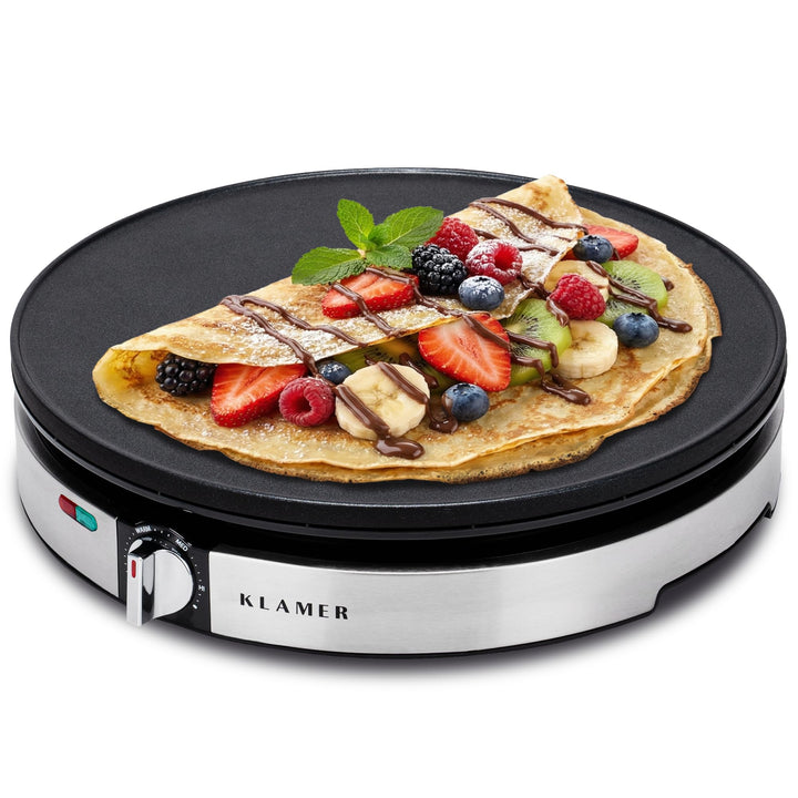KLAMER Crepes Maker, Backfläche mit 30cm Ø, antihaftbeschichtete Platte, inkl. Teigverteiler und Wen