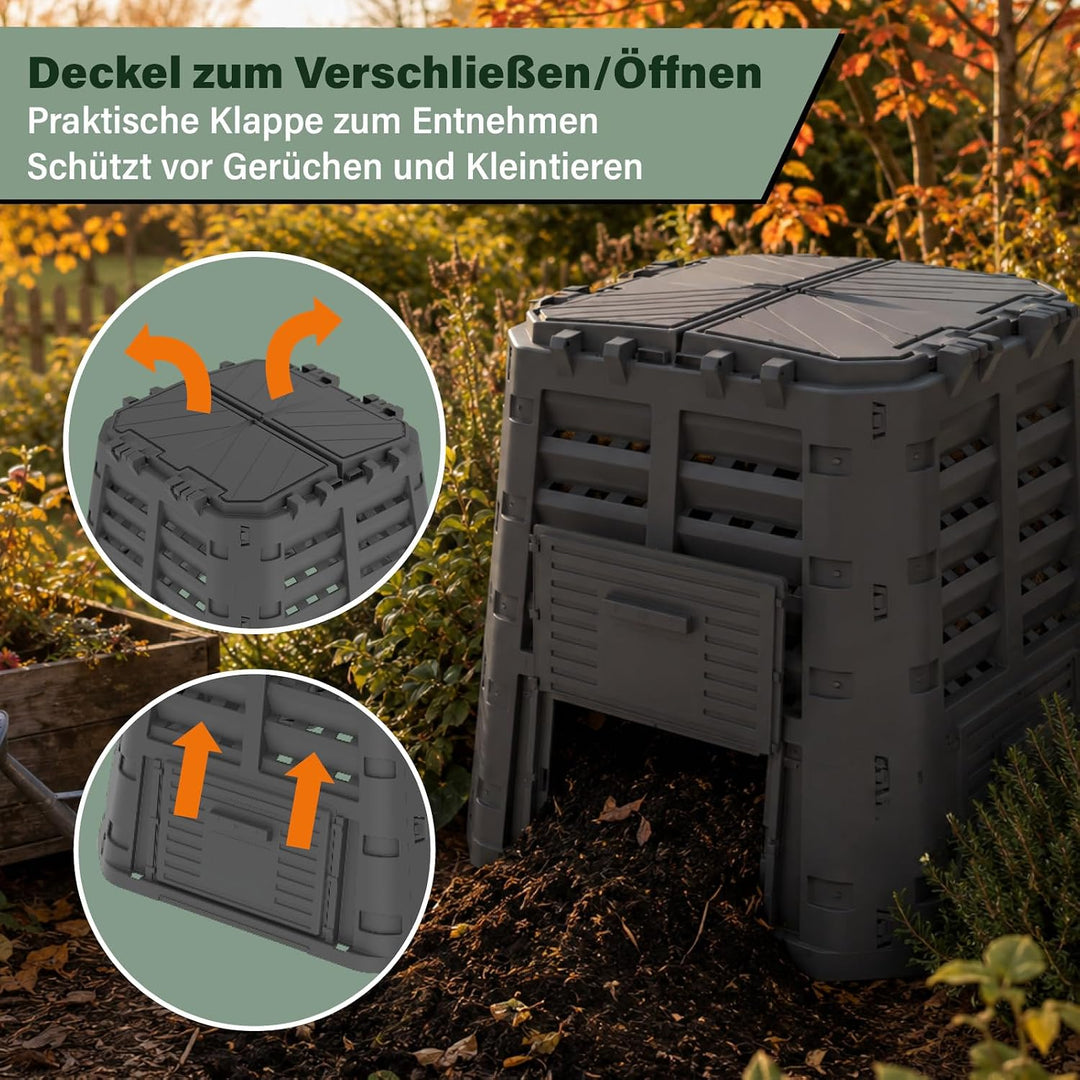 Thermokomposter 360L Garten Komposter mit Deckel Schwarz | 360 L Thermokomposter aus wetterfestem Ku