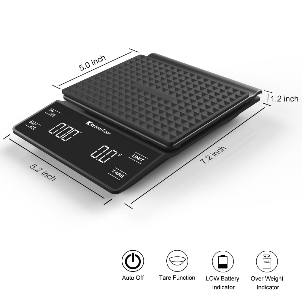 KitchenTour Kaffeewaage mit Timer 3kg/0,1g Hohe Präzision Pour Over Drip Espresso Waage mit hintergr