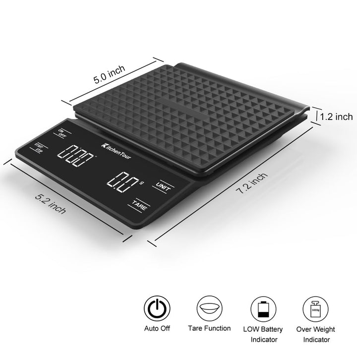 KitchenTour Kaffeewaage mit Timer 3kg/0,1g Hohe Präzision Pour Over Drip Espresso Waage mit hintergr