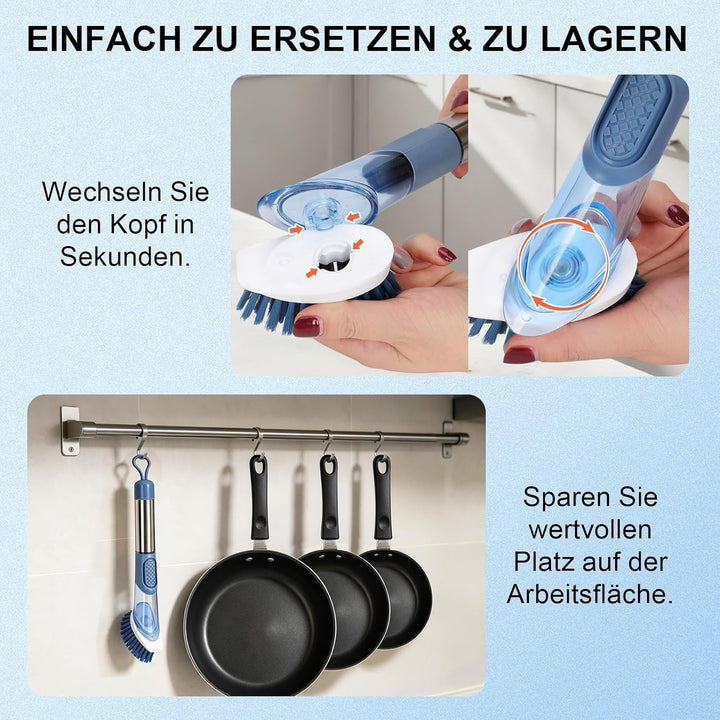 Spülbürste mit Spülmittelspender, Zvonema Küchenbürste mit ergonomischem Langer Griff, 4 Hochwertige