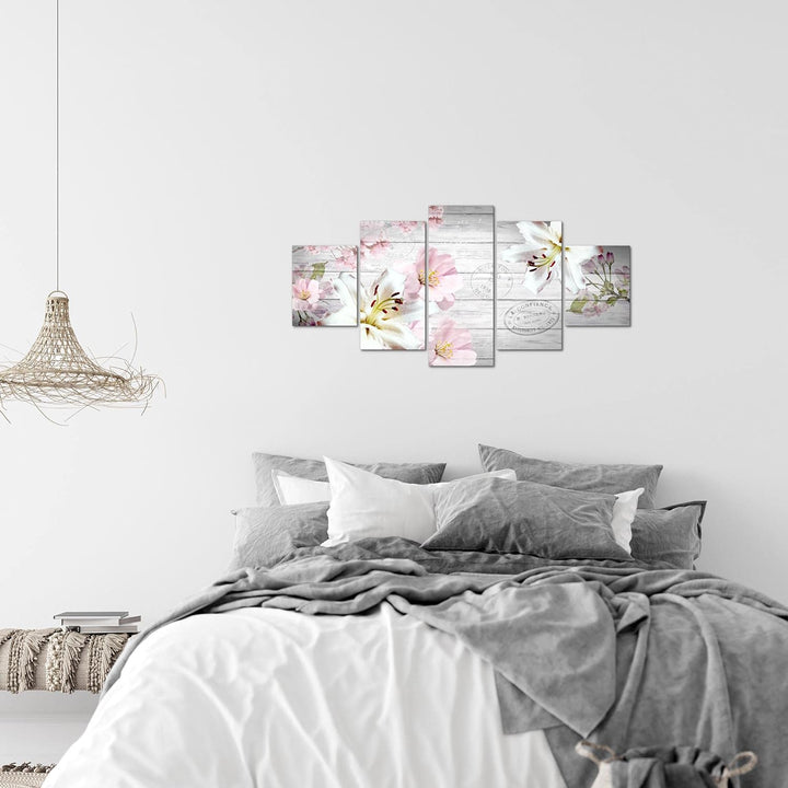 Runa Art Wandbilder Blumen Lilien 5 Teilig Bild auf Vlies Leinwand Deko Wohnzimmer Holz Vintage Grau