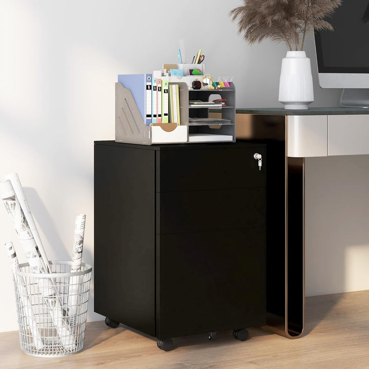 Vinsetto Rollcontainer Aktenschrank mit 3 Schubladen, Büroschrank mit Schloss, Druckschrank, Untersc