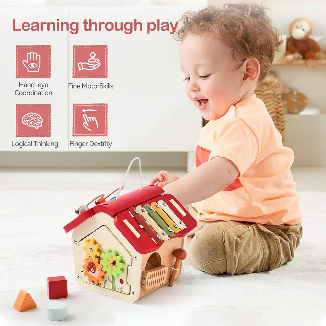 Youuys Montessori Motorikwürfel Holzspielzeug Montessori Spielzeug ab 1 Jahr 10 in 1（Rot） Holzhaus R