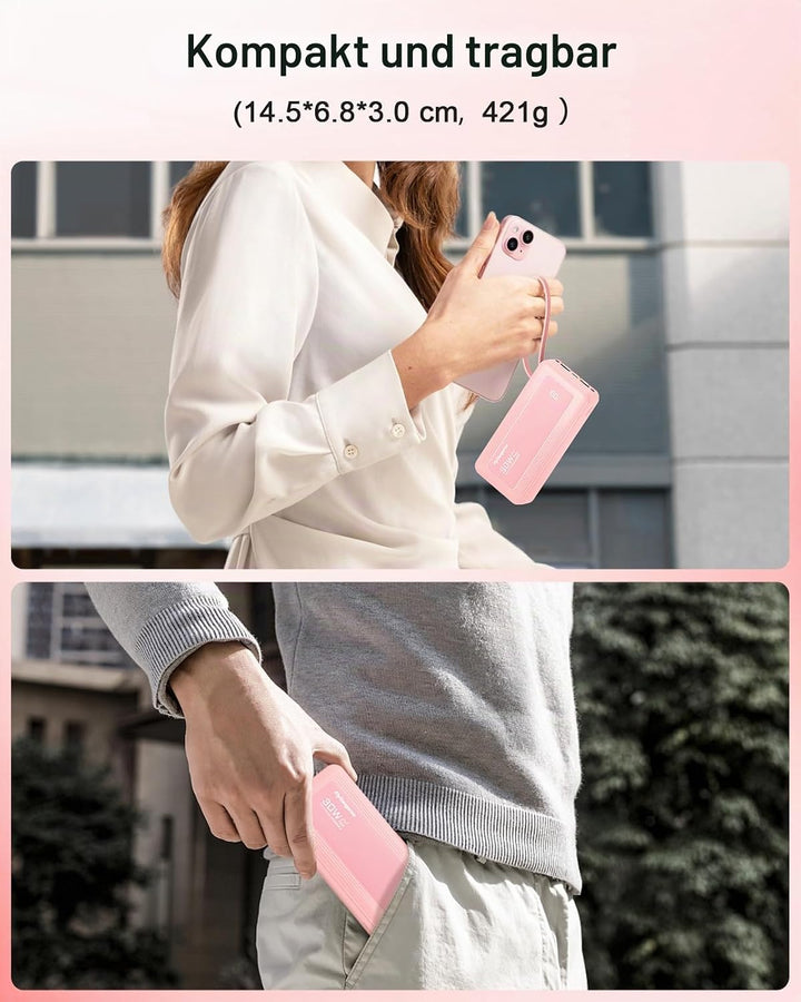 Powerbank 27000mAh mit 4 integrierten Kabel, 30W Power Bank USB C Schnellladefunktion mit LED Displa