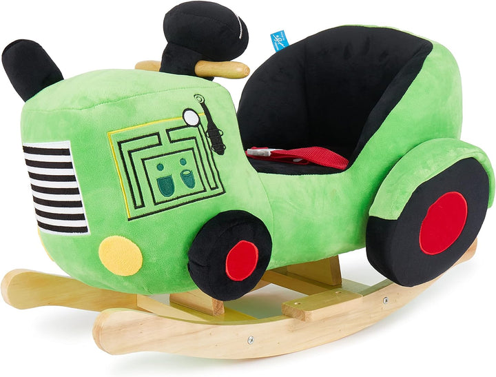 Bieco Plüsch Schaukeltier Traktor 60 cm | Kinder Schaukelstuhl mit Sicherheitsgurt | Baby Schaukel |