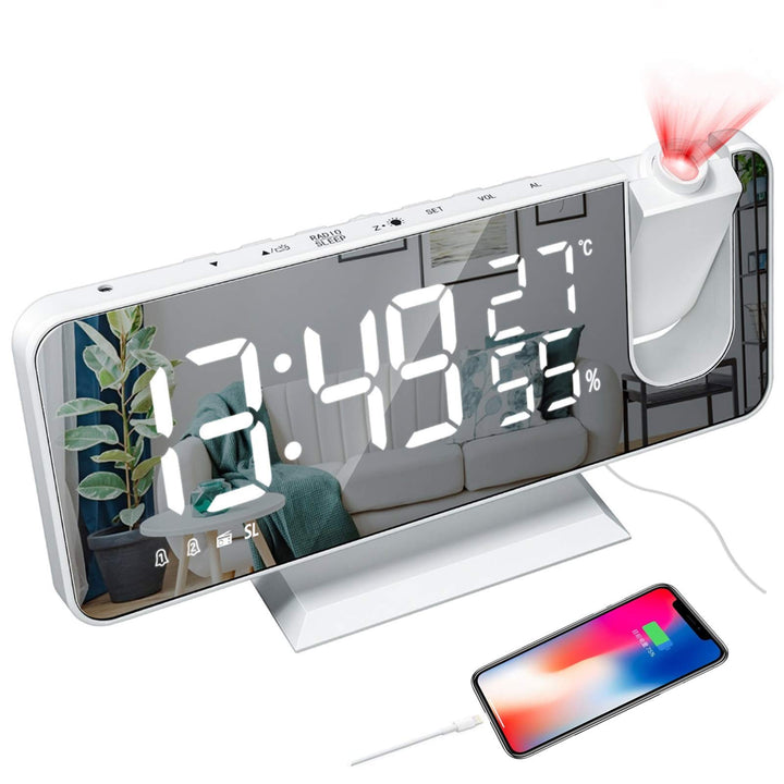 YUNYODA Projektionswecker, digitaler LED-Wecker mit Spiegelfläche, USB-Ladeanschluss, Wiederholung,