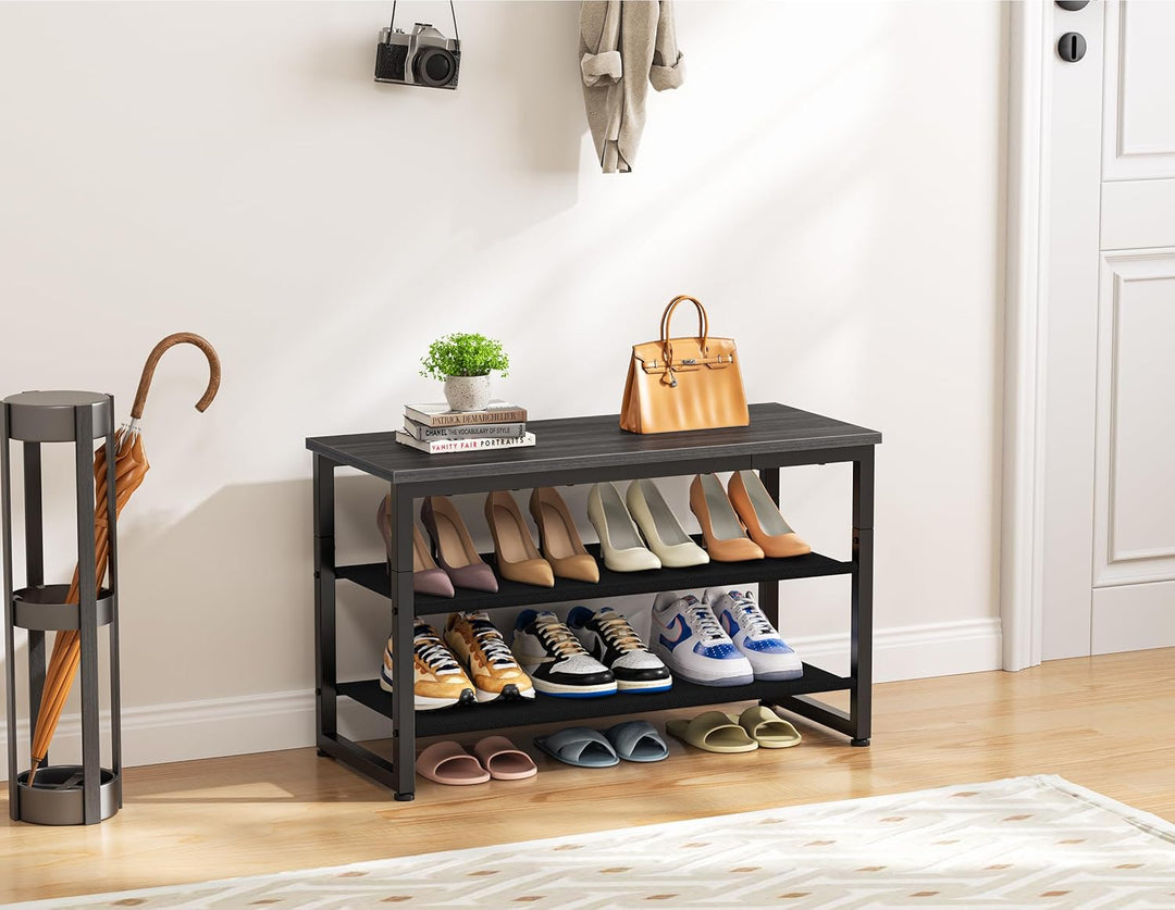 HOMIDEC Schuhregal mit 3 Ebenen, Schuhbank mit Holzplatte, Schuhregal mit Sitzbank, Regal Vliesstoff