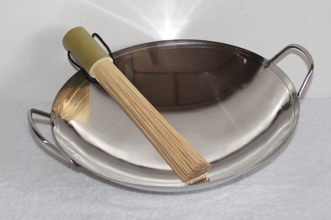 AAF Nommel Wok Pfanne Edelstahl 31 cm Durchmesser mit 2 Griffen/Henkeln mit rundem Boden für Gas, Ga
