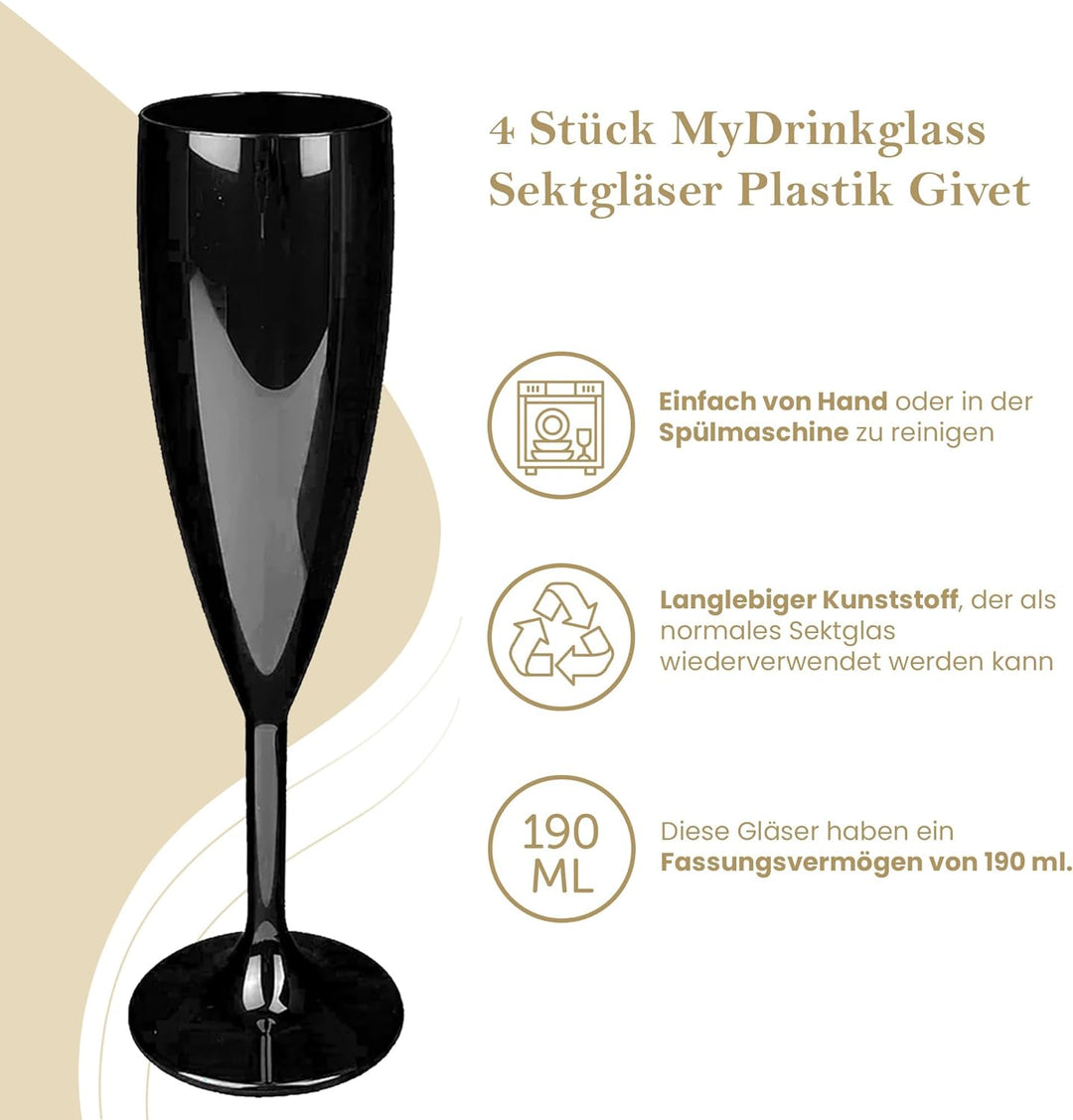 MyDrinkglass Sektgläser Plastik Givet | Schwarz Champagner Gläser | 4 Stück | Kunststoff Gläser | Ca