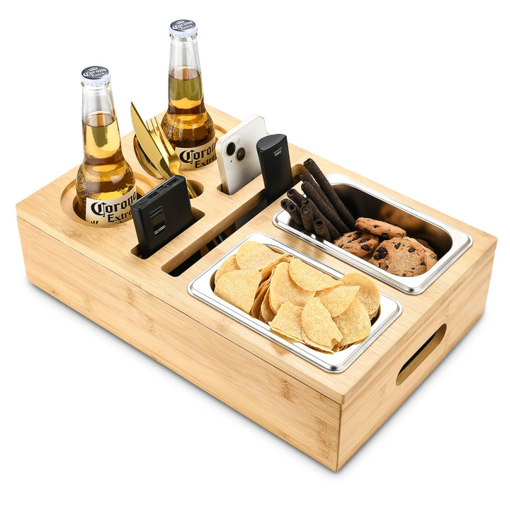 DE-COmmerce Bambus Couchbar, Schalen aus Edelstahl, Abnehmbarer Deckel, Snackbox, Sofatablett, Organ