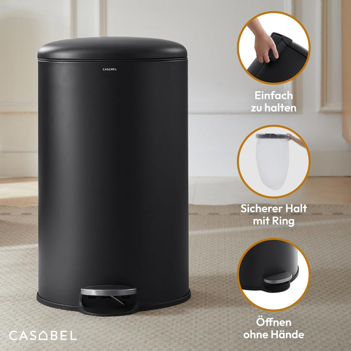 CASABEL runder Küchenabfalleimer 30L, Edelstahl, schwarz 30 liters Schwarz, 30 liters Schwarz