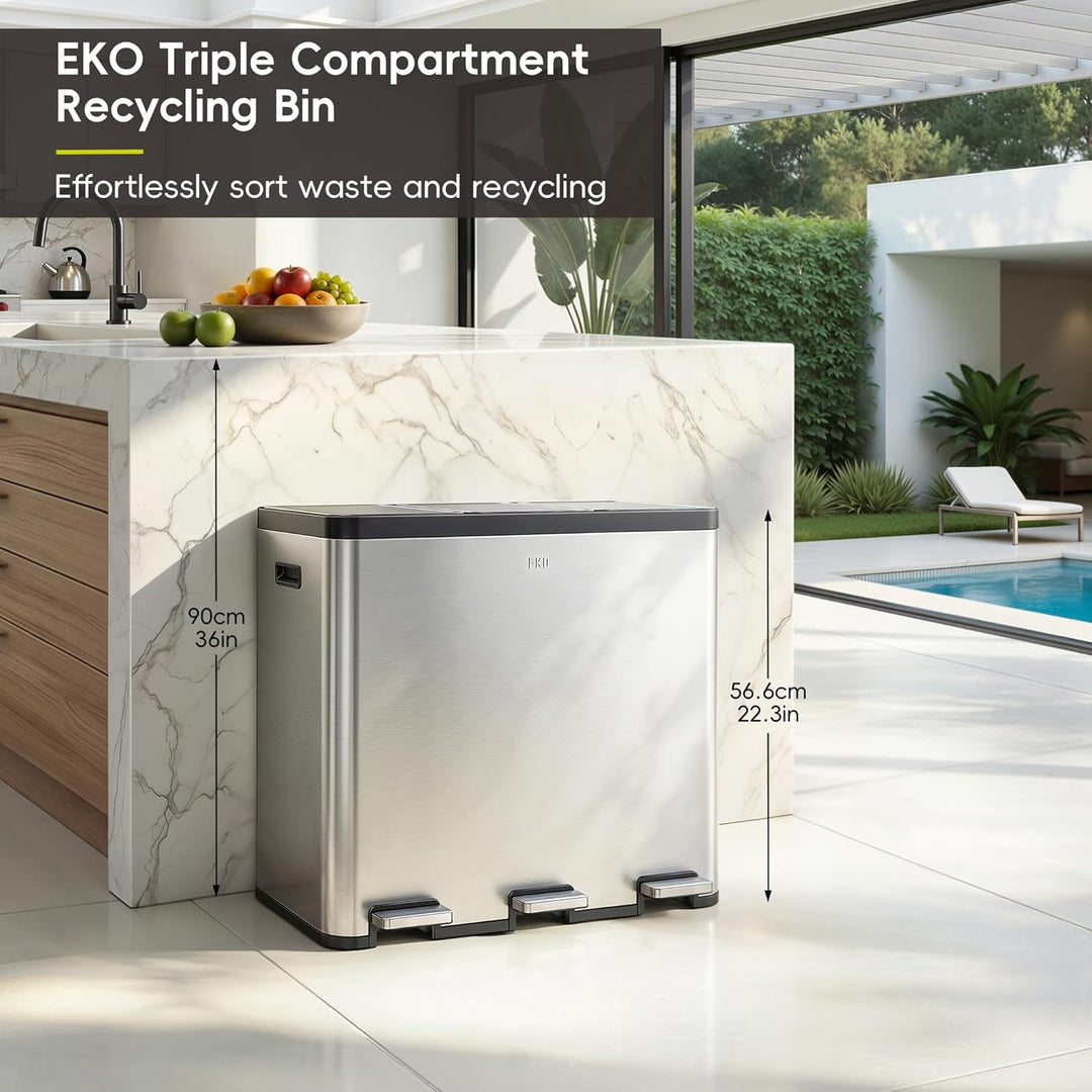 EKO EcoCasa Recycling Mülleimer 20L+20L+20L, Edelstahl 3 Fächer Mülleimer mit individuellen Pedalen