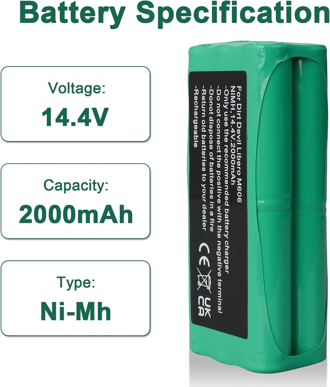 14.4 V,2000 mAh NI-Mh Ersatzakku Kompatibel Mit Dirt Devil Libero M606, Libero M606-1, Libero M606-2