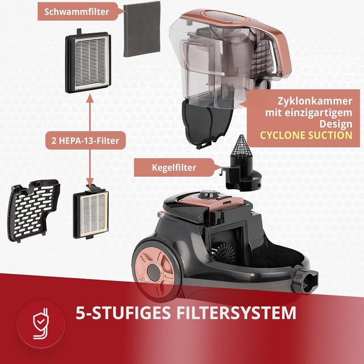 MPM MOD-25 Beutelloser Zyklon-Staubsauger, mit Zubehör, 1,1 Liter, leise, einfache Reinigung, 9 Mete