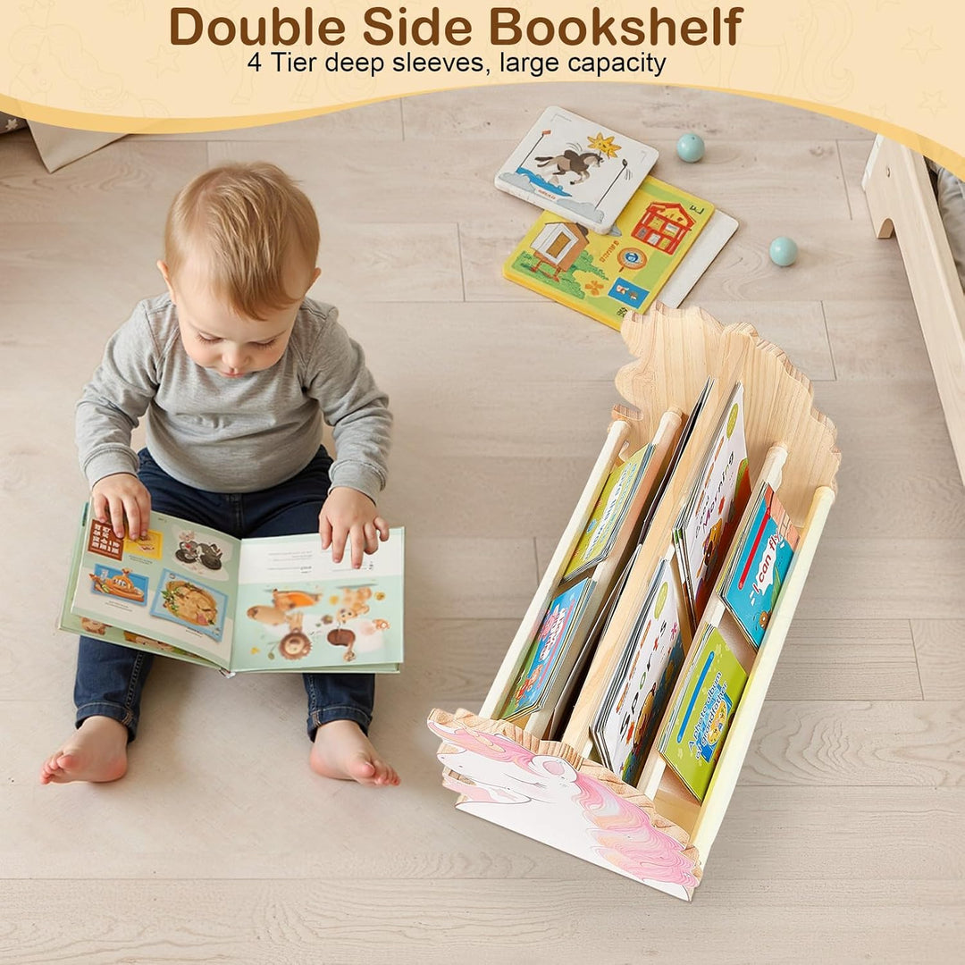 MHJY Bücherregal Kinder, doppelseitiges Holzregal mit robusten Canvas-Taschen, Montessori Stil, trag
