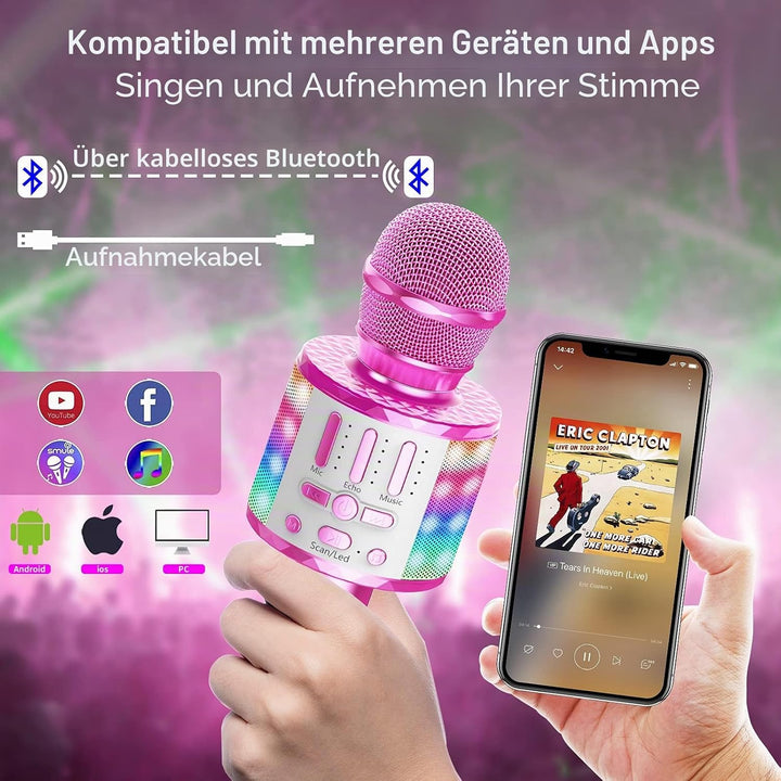 Karaoke Mikrofon, LED Drahtloses Bluetooth Mikrofon zum Singen mit Lautsprecher, Karaoke Spielzeug K