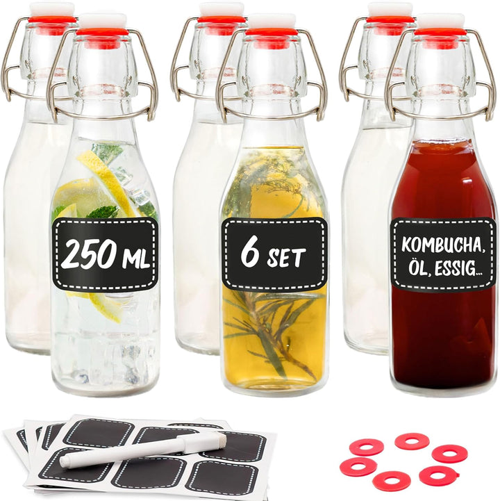 Praknu 6er Set Glasflaschen 250ml mit Bügelverschluss - Bügelflaschen Zum Befüllen - inkl. 6 Extra D