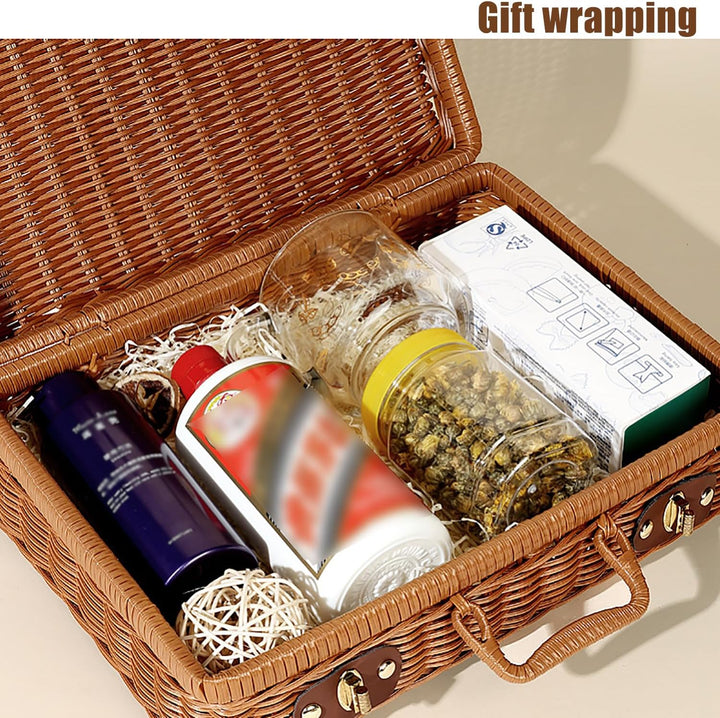 Geflochtener Rattan-Koffer Aufbewahrungskorb mit Griff, Gewebte Picknickbox, Handgewebt, mit Metalls