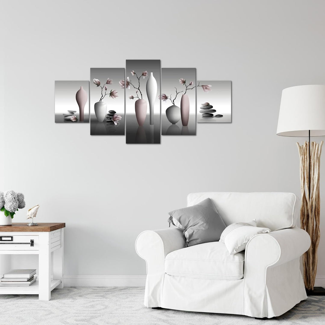 Runa Art Wandbilder Blumen Magnolien 5 Teilig Bild auf Vlies Leinwand Deko Wohnzimmer Spa Schwarz We