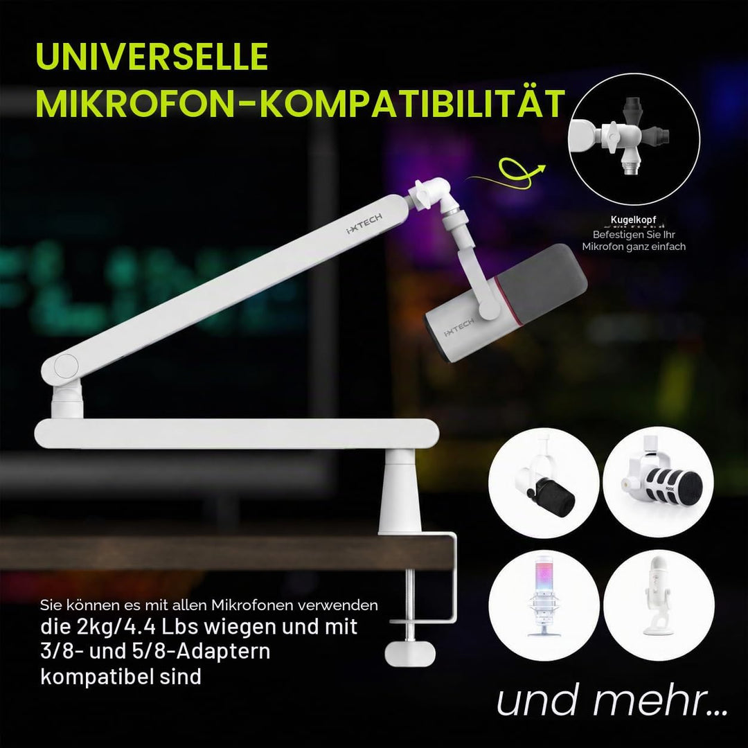 IXTECH Mikrofonarm mit niedrigem Profil, verstellbarer Mikrofonständer mit eingebautem Kabelmanageme