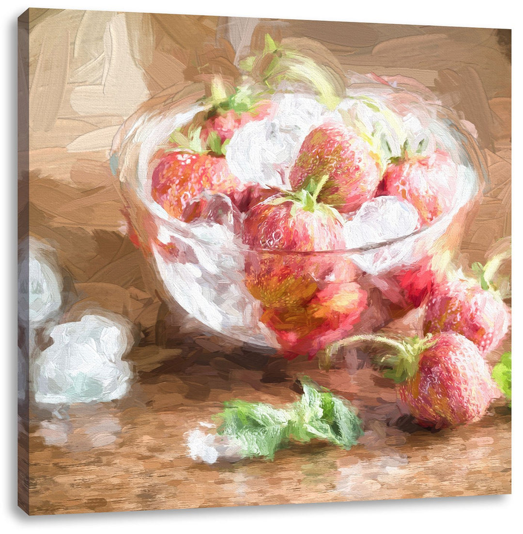 Pixxprint Frische Erdbeeren in Eiswürfeln Pinsel Effekt, Format: 70x70 auf Leinwand, 70x70