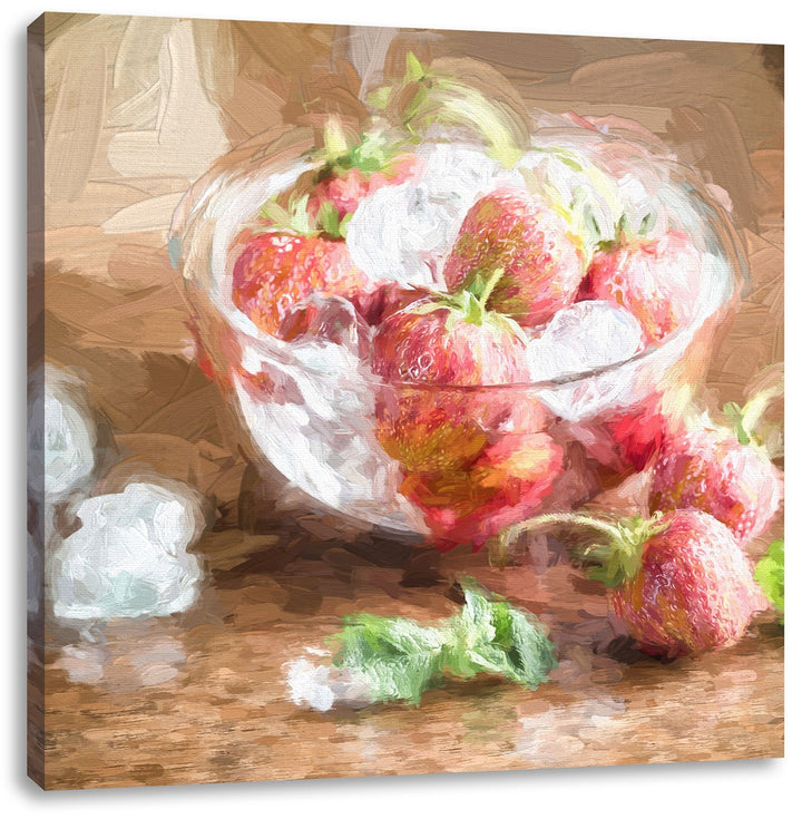 Pixxprint Frische Erdbeeren in Eiswürfeln Pinsel Effekt, Format: 70x70 auf Leinwand, 70x70