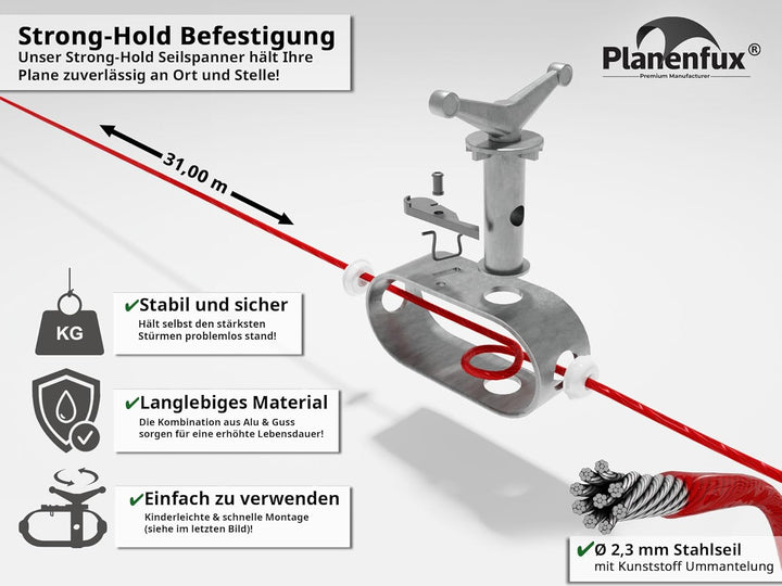 Drahtseil Spanner mit Stahlseil ummantelt 2mm (31m) | Strong-Hold Drahtseilspanner für Pool Abdeckpl