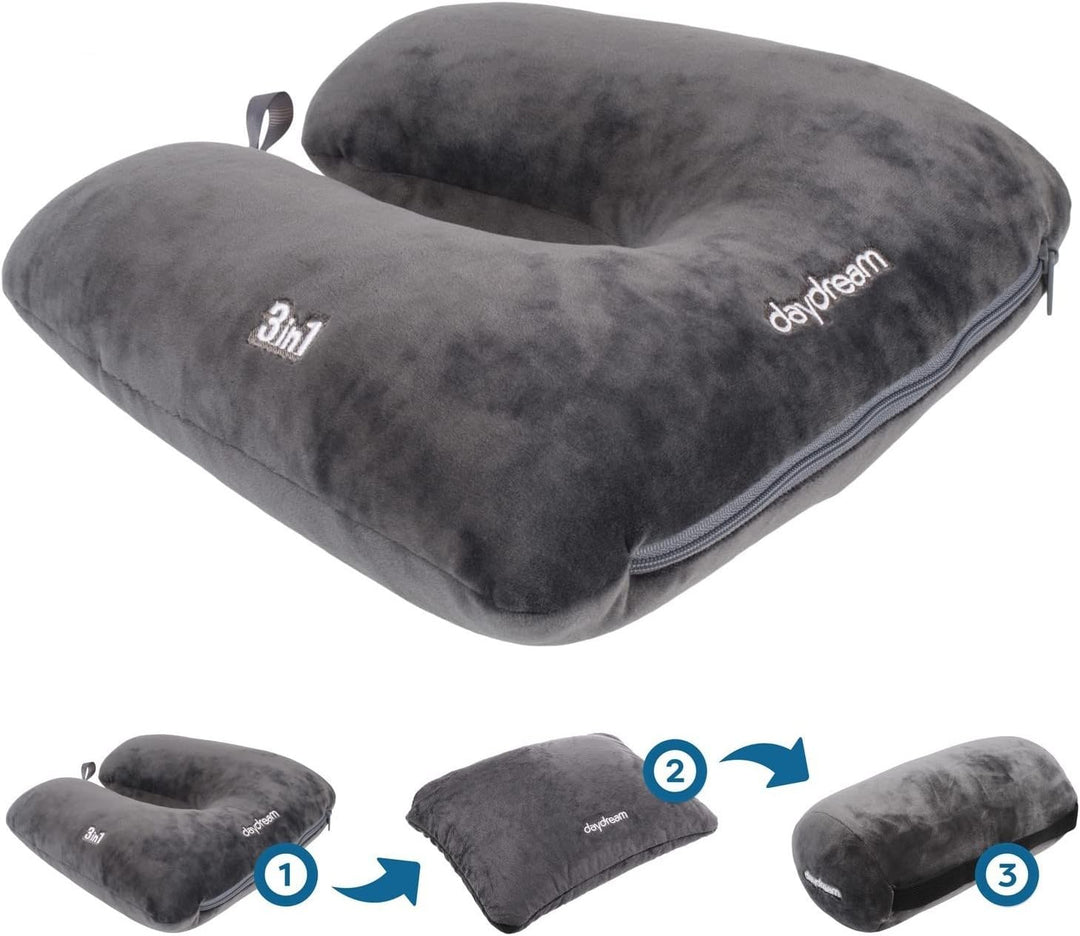 daydream 3 in 1 Nackenkissen mit Mikroperlen - Nackenhörnchen, Reisekissen und Nackenrolle in einem