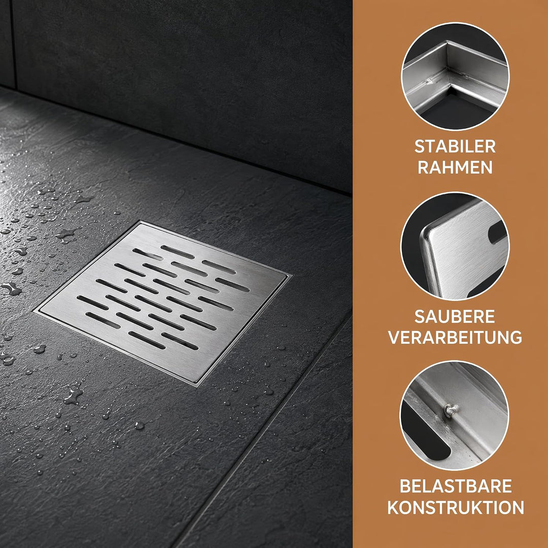 Bodenablauf Edelstahl 200×200 mm mit Rahmen, quadratisches Abflussgitter | Rostfreie Ablaufabdeckung