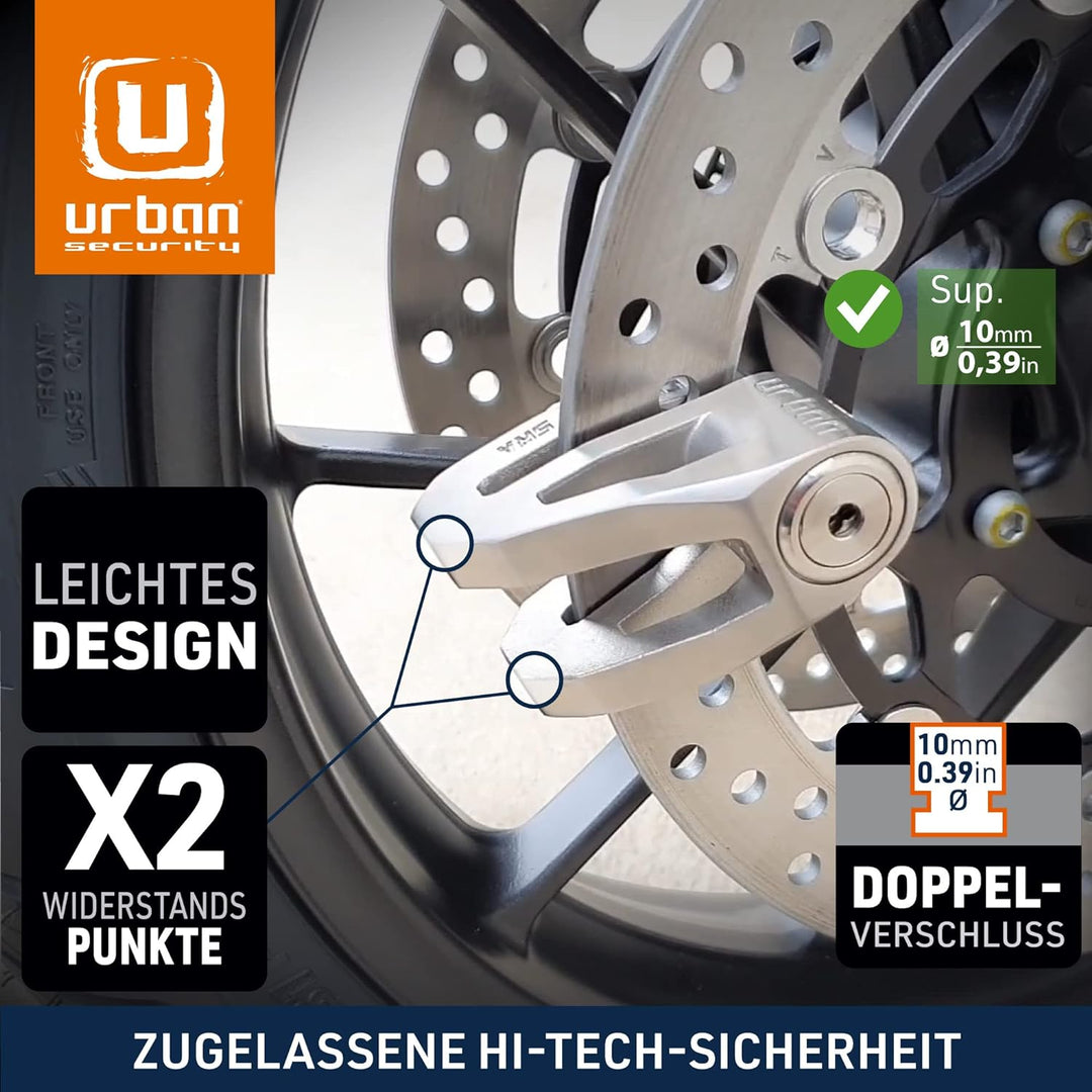 URBAN Security UR210S Motorrad-Diebstahlsicherung SRA-zugelassenes Scheibenschloss mit Doppelverrieg