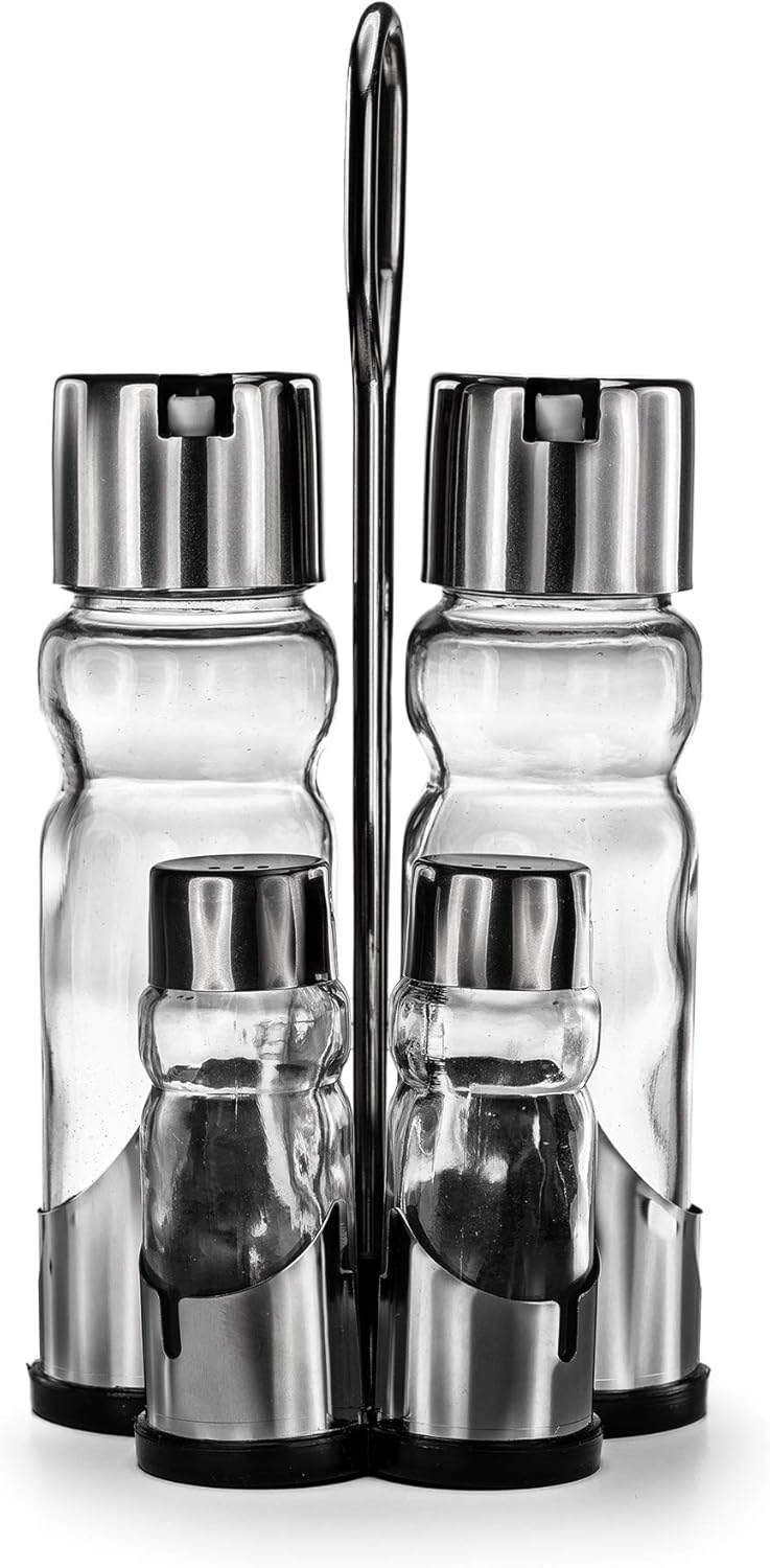 Menage Essig und Öl Spender Glas Salz Pfeffer Zahnstocher Set Edelstahl 250 Silber Glas Ölspender