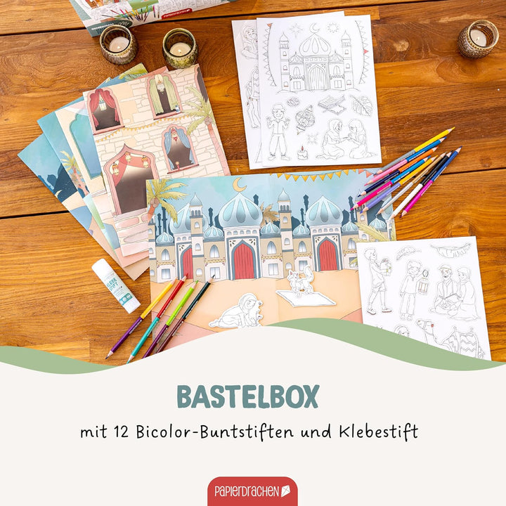 Papierdrachen Bastelbox Ramadan - Komplettes Set ab 3 Jahren – Inkl. Buntstifte & Kleber – Kreatives