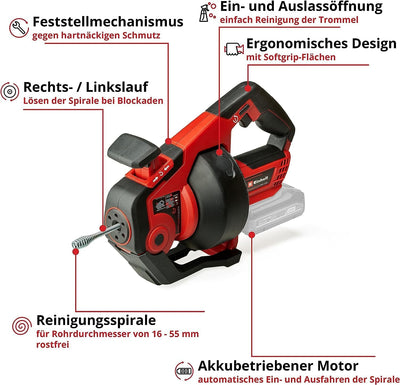 Einhell Akku-Rohrreiniger TE-DA 18/760 Li-Solo Power X-Change (18 V, Li-Ion, 7,6 m lange Reinigungss