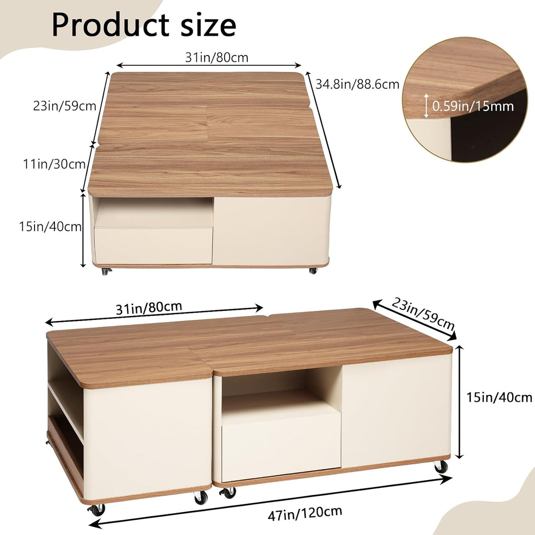 Couchtisch mit Rollen, Wohnzimmertisch Holz mit 2 Schublade, Modulare Ausgefallene Couchtische, Kaff