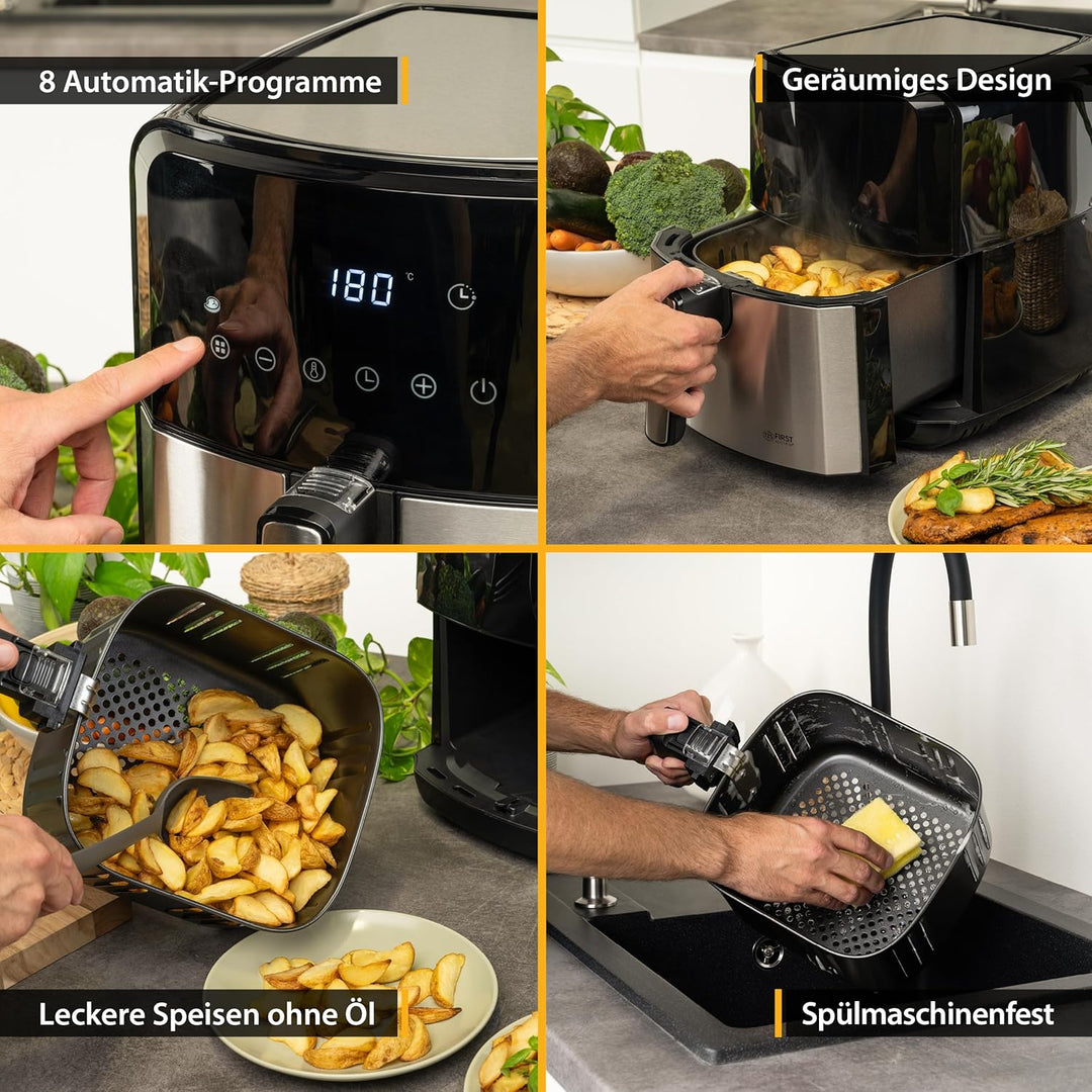 TZS First Austria Heissluftfritteuse 5 L, Antihaft-Edelstahlkorb, Airfryer, digital, 8 Programme, 17
