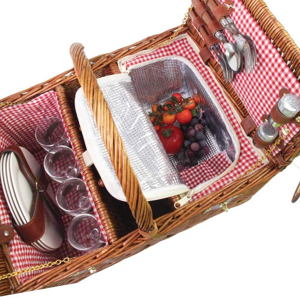 Picknickkorb Saint-Germain rotkariert aus dunkler Weide - Korb mit Fach für eine Flasche - für 4 Per