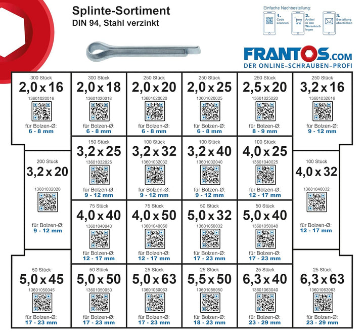 FRANTOS L-BOXX DIN 94 Splinte Sortiment gross, 2800 tlg. in 22 Grössen, Stahl verzinkt - Sicherungss