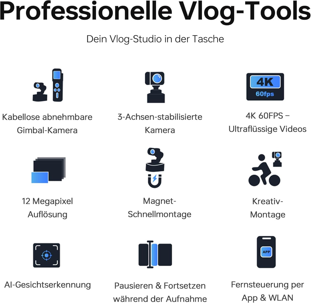 Feiyu Pocket 3 4K Vlog-Kamera mit 3-Achsen-Gimbal & kabelloser Fernbedienung – Inkl. Gesichtserkennu