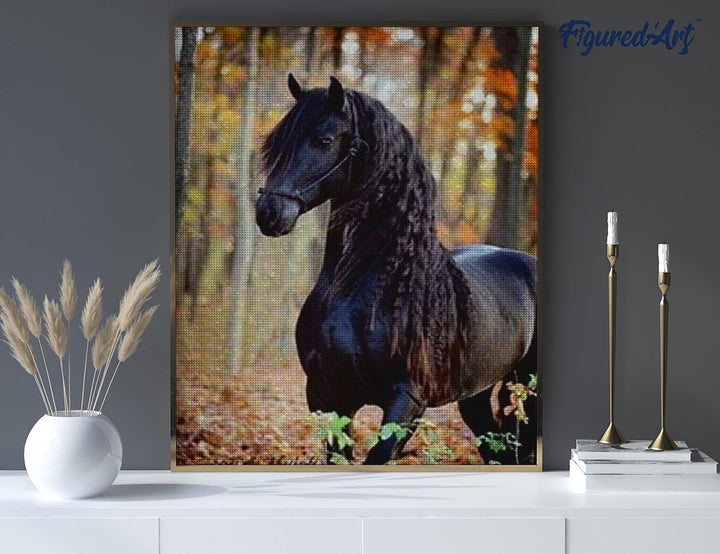 Figured'Art Diamond Painting Erwachsene 40x50cm Ganze Leinwand gerollt Schwarzes Pferd 5D Bilder Eck