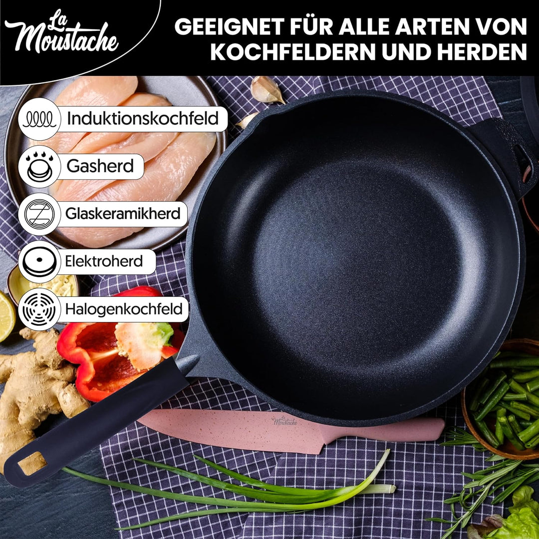 La Moustache - Pfanne 28 cm mit Glasdeckel, 100% PFOA-Freie, Optimale Wärmeverteilung - Antihaftbesc