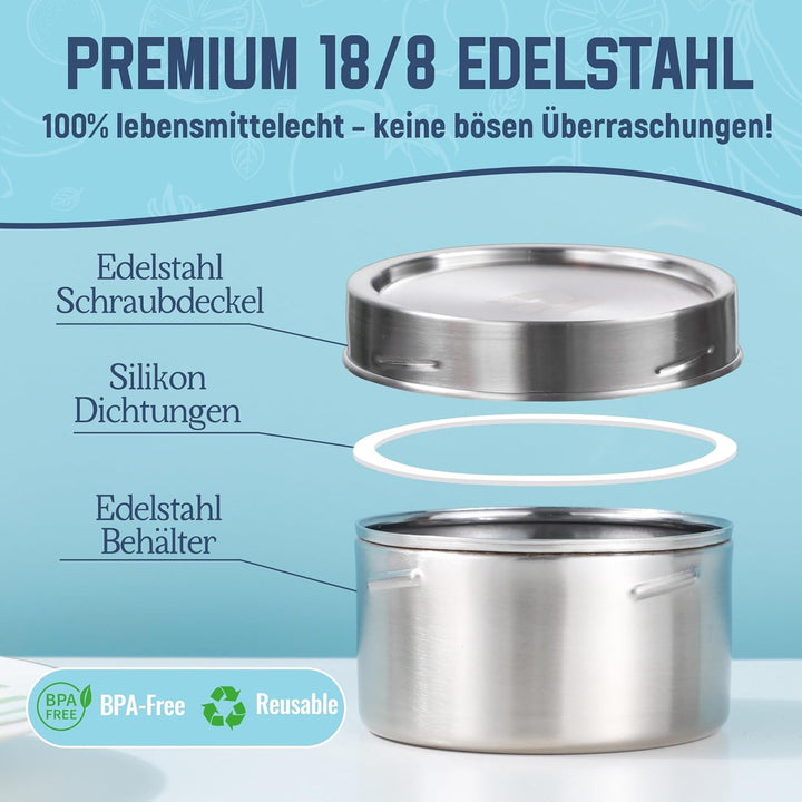 nicelock Brotdose Edelstahl Auslaufsicher (3 Stück), 200ml Klein Edelstahl Dosen, Lunchbox Kinder, L